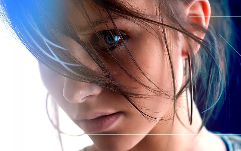 Woman with Blue Eyes — Dramatic, Photograph, Hair, Earring