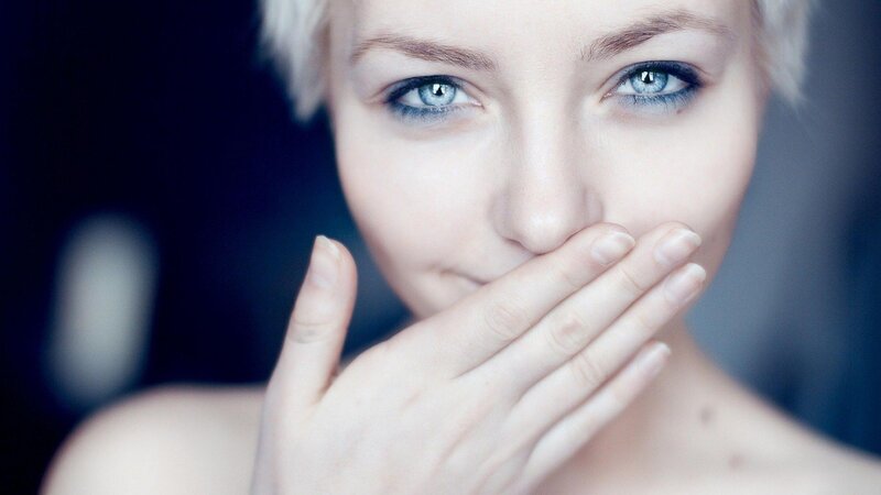 Woman with Blue Eyes — Dramatic, Photograph, Hand, Short Hair, White, Black