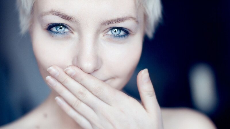 Woman with Blue Eyes — Dramatic, Photograph, Hand, Short Hair, White