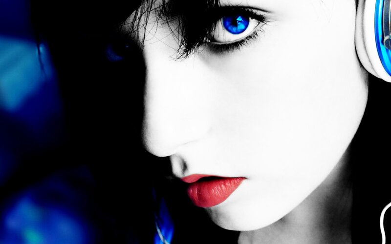 Woman with Blue Eyes — Dramatic, Photograph, Headphones, Red Lips