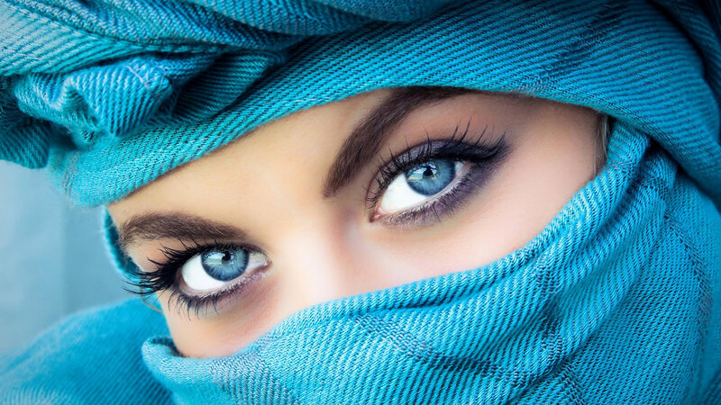 Woman with Blue Eyes — Dramatic, Photograph, Headscarf