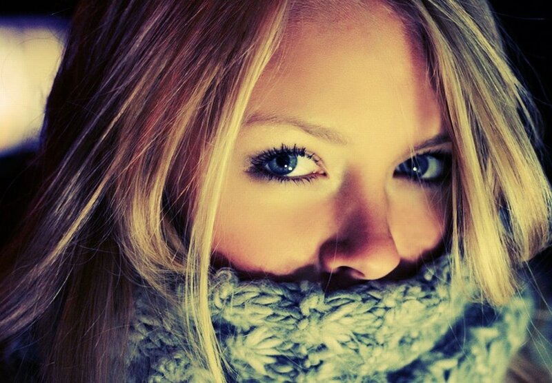 Woman with Blue Eyes — Dramatic, Photograph, Scarf, Hair