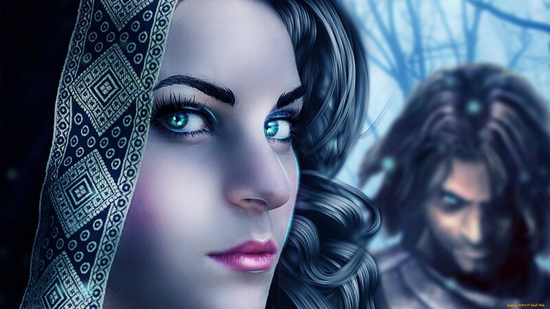 Woman with Blue Eyes — Dramatic, Winter, Digital Art, Man