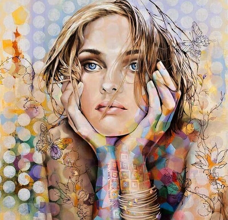 Woman with Blue Eyes — Dreamy, Digital Art, Butterflies, Hands