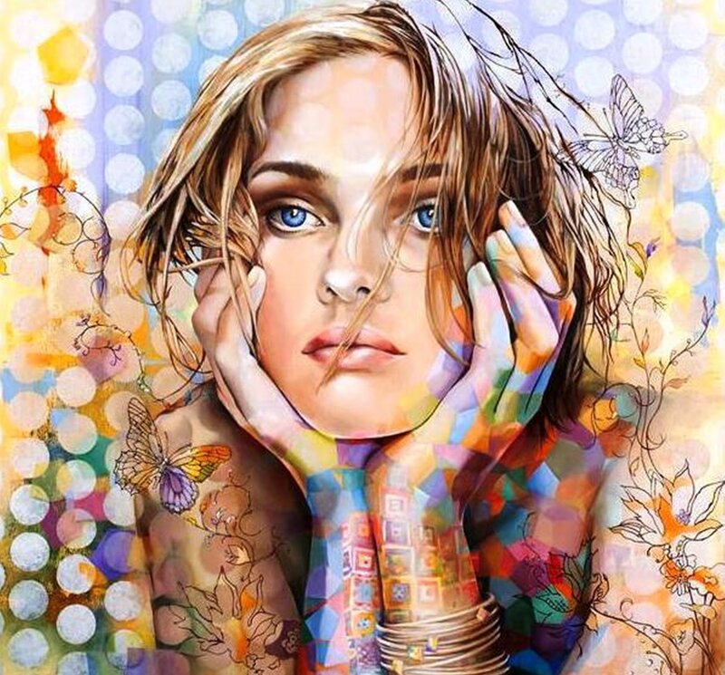 Woman with Blue Eyes — Dreamy, Digital Art, Butterflies