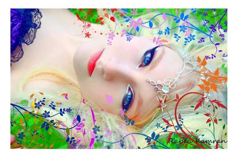 Woman with Blue Eyes — Dreamy, Digital Art, Flowers, Headband