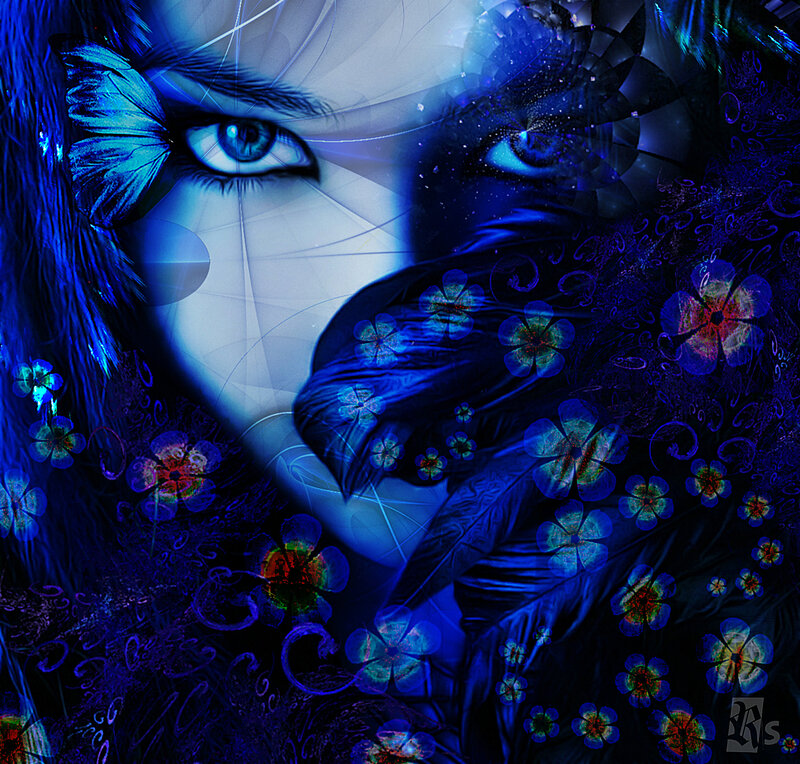 Woman with Blue Eyes — Dreamy, Night, Digital Art, Butterfly
