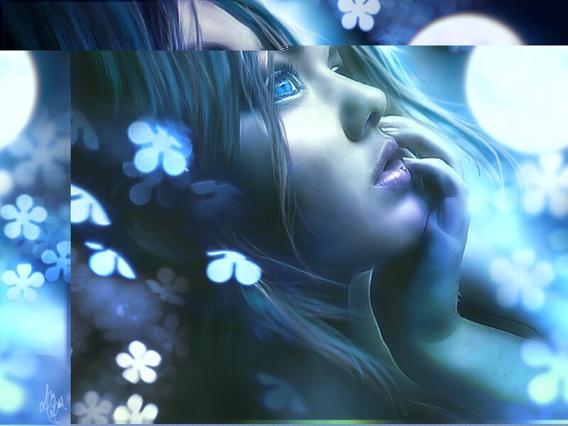 Woman with Blue Eyes — Dreamy, Night, Digital Art, Flowers, Hand