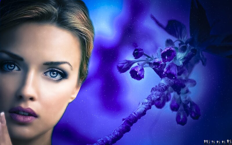 Woman with Blue Eyes — Dreamy, Night, Digital Art, Flowers