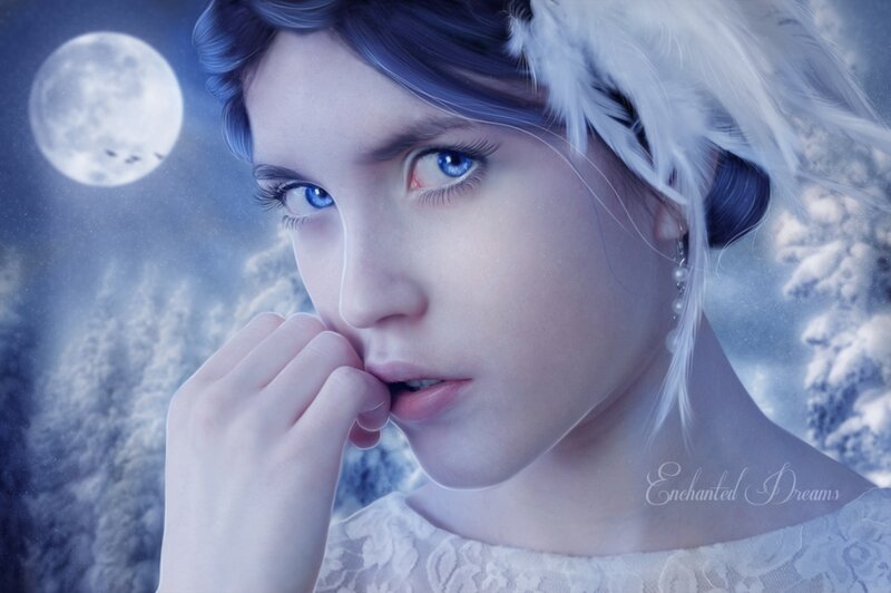Woman with Blue Eyes — Dreamy, Night, Digital Art, Moon, Feathers
