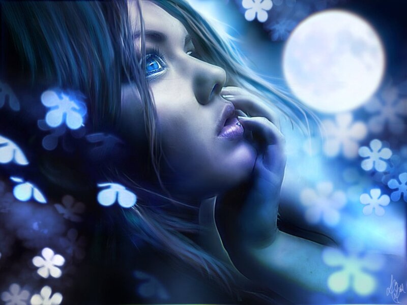 Woman with Blue Eyes — Dreamy, Night, Digital Art, Moon