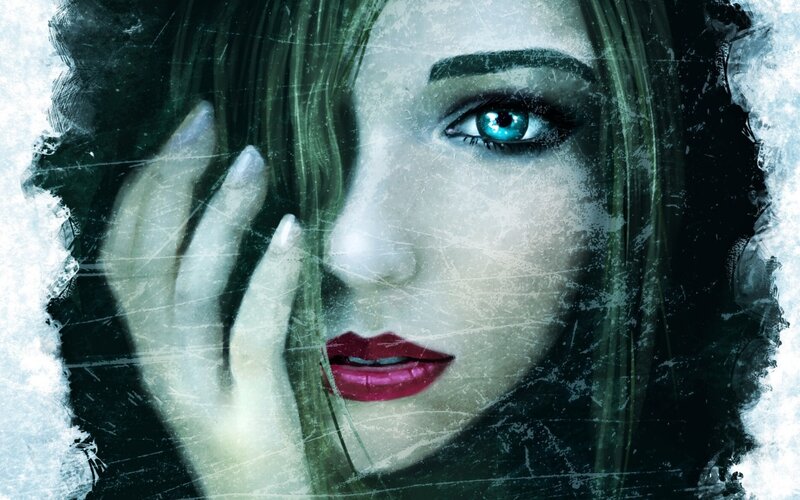 Woman with Blue Eyes — Green, Dramatic, Digital Art