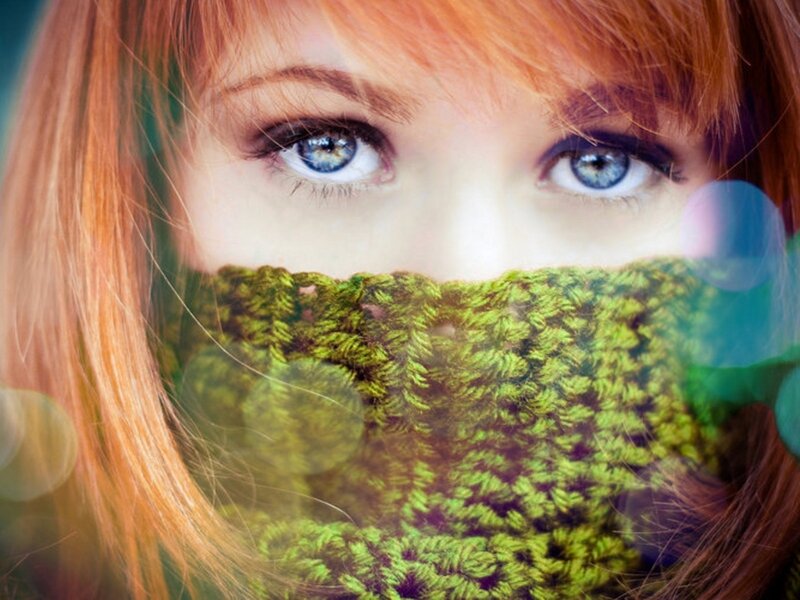 Woman with Blue Eyes — Green, Dramatic, Photograph, Scarf