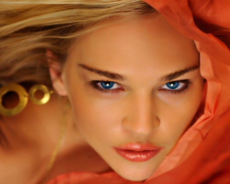 Woman with Blue Eyes — Intense, Photograph, Gold Earrings