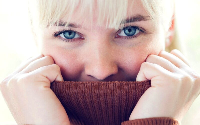 Woman with Blue Eyes — Intimate, Photograph, Hands, Sweater