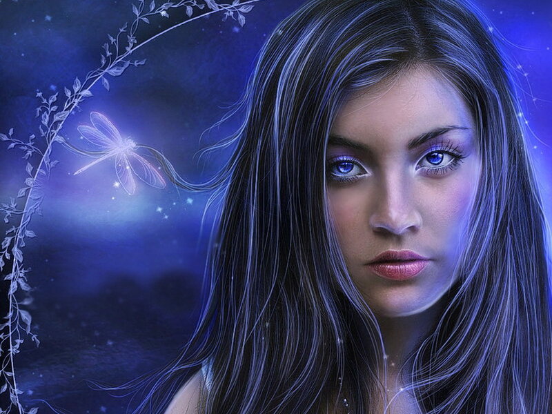 Woman with Blue Eyes — Mystical, Night, Digital Art, Dragonfly