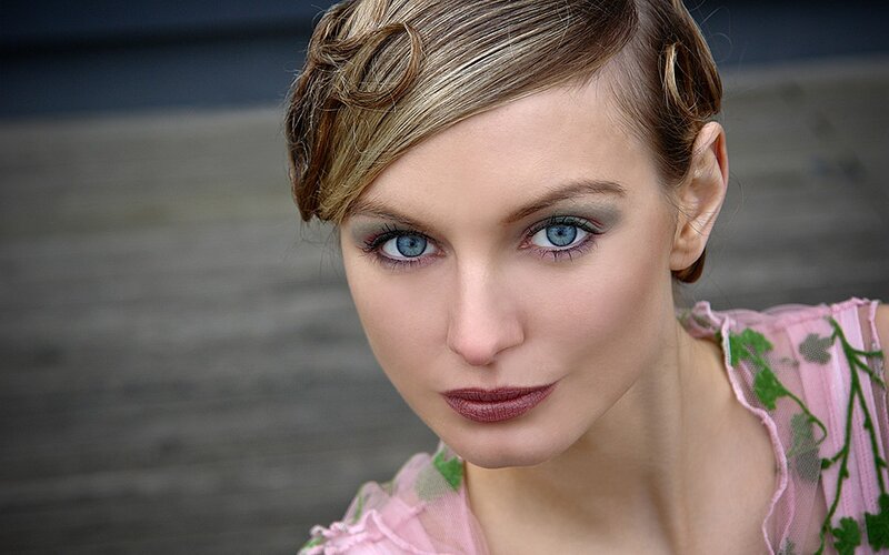 Woman with Blue Eyes — Pink, Neutral, Photograph