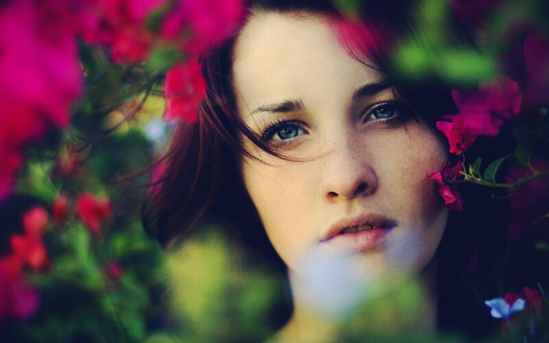 Woman with Blue Eyes — Pink, Serene, Afternoon