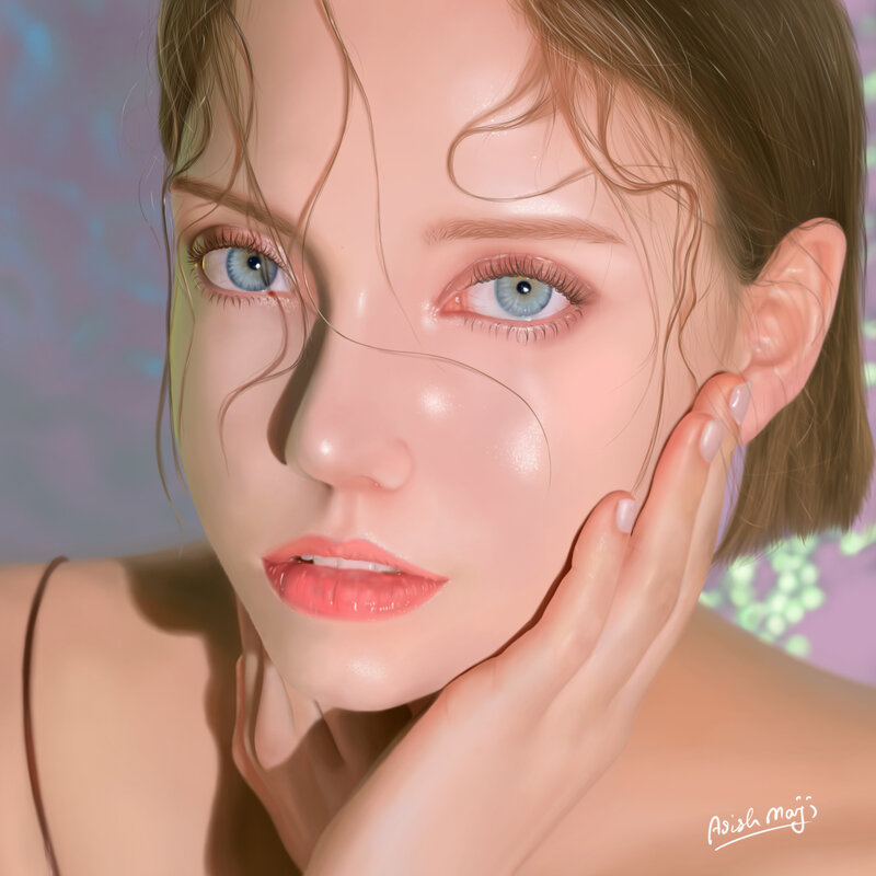 Woman with Blue Eyes — Pink, Serene, Digital Art, Hand