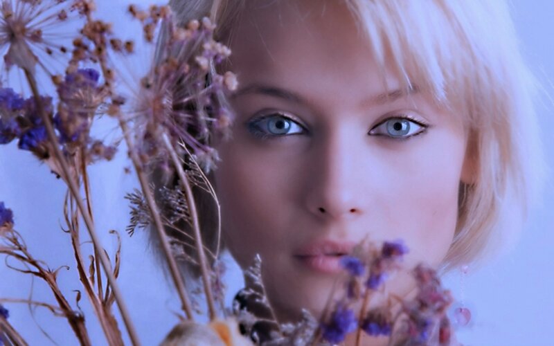 Woman with Blue Eyes — Purple, Calm, Photograph