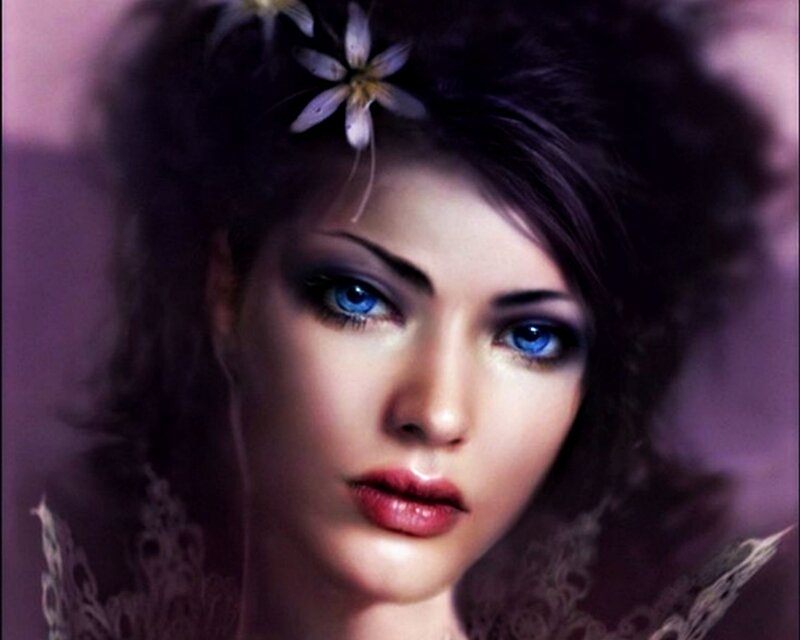 Woman with Blue Eyes — Purple, Dramatic, Digital Art, Flower
