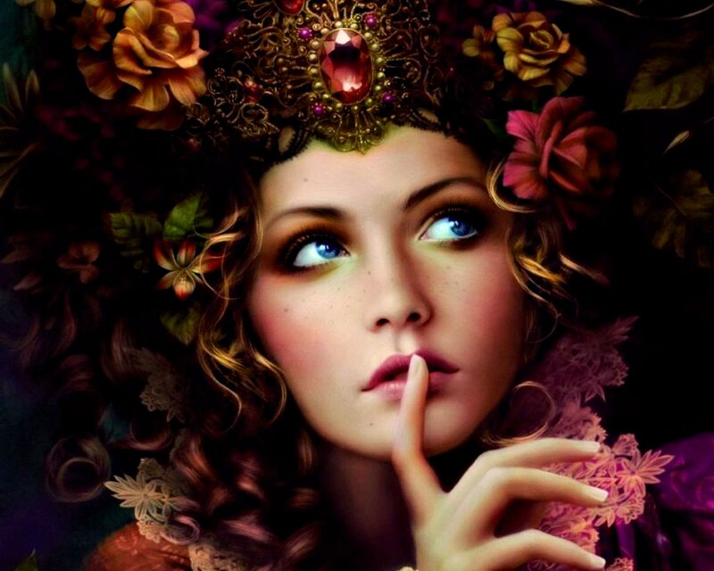 Woman with Blue Eyes — Purple, Dramatic, Digital Art, Flowers, Crown