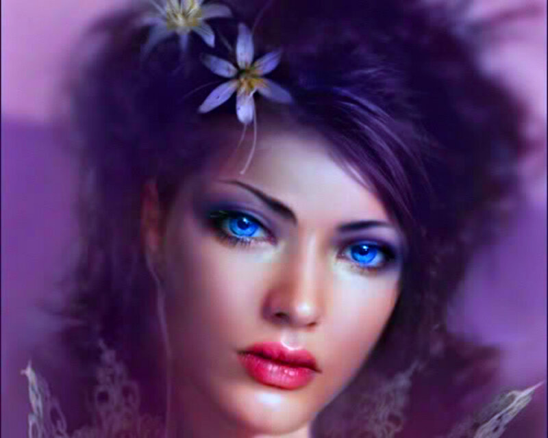 Woman with Blue Eyes — Purple, Dramatic, Digital Art, Flowers