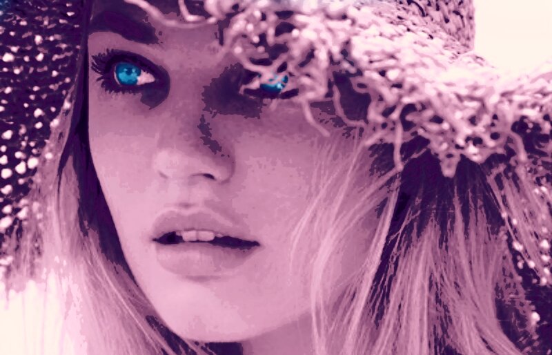 Woman with Blue Eyes — Purple, Dramatic, Digital Art, Hat