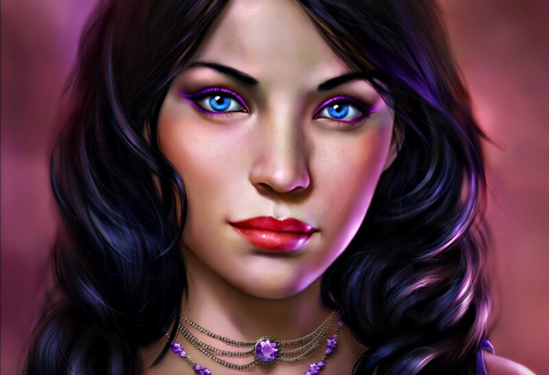 Woman with Blue Eyes — Purple, Dramatic, Digital Art, Necklace
