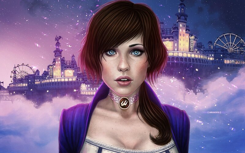 Woman with Blue Eyes — Purple, Dramatic, Night, Digital Art, Choker