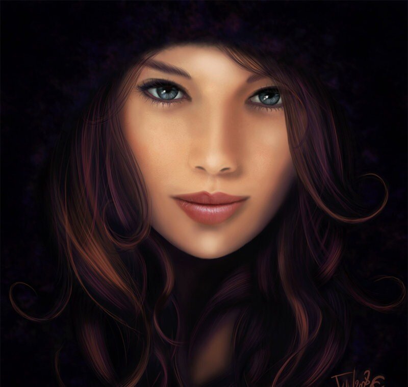 Woman with Blue Eyes — Purple, Dramatic, Night, Digital Art, Hair