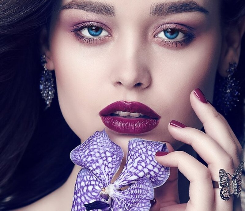 Woman with Blue Eyes — Purple, Dramatic, Photograph, Flower