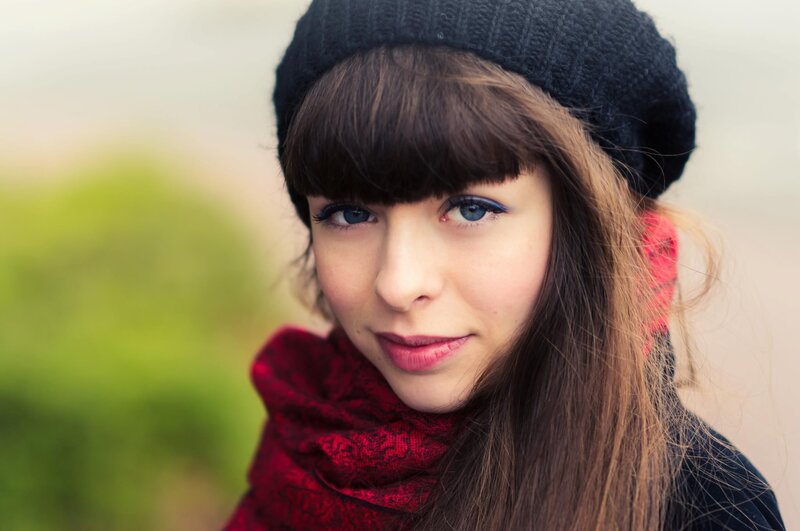 Woman with Blue Eyes — Red, Calm, Photograph, Scarf