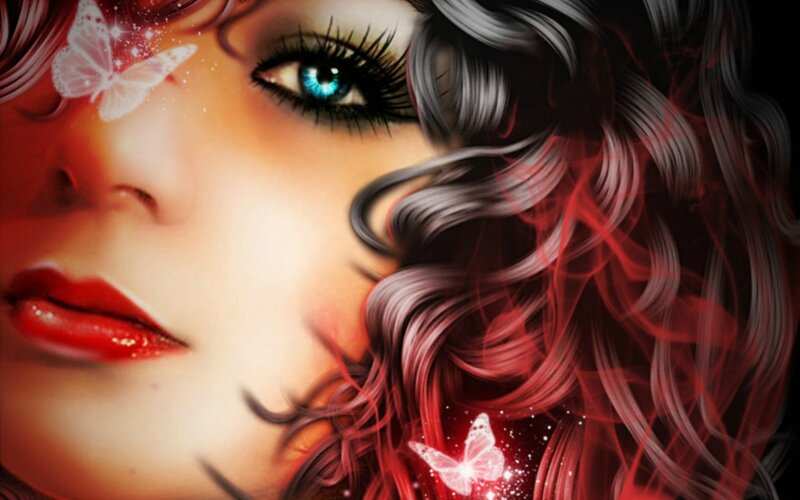 Woman with Blue Eyes — Red, Dramatic, Digital Art, Butterfly
