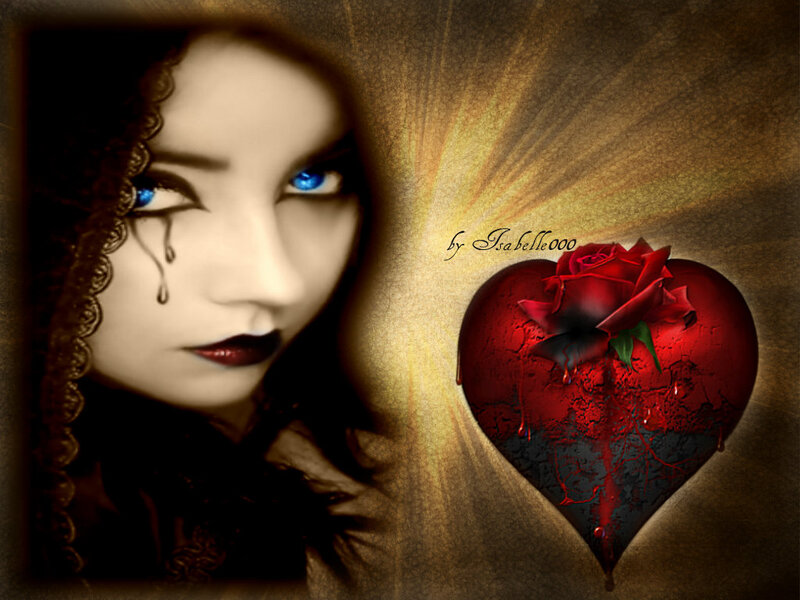 Woman with Blue Eyes — Red, Dramatic, Digital Art, Heart