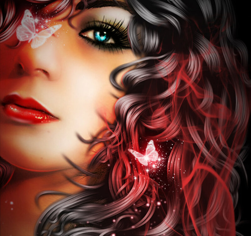 Woman with Blue Eyes — Red, Dramatic, Digital Art