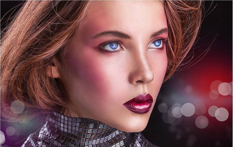Woman with Blue Eyes — Red, Dramatic, Photograph, Makeup