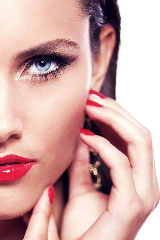 Woman with Blue Eyes — Red, Dramatic, Photograph, Red Lipstick