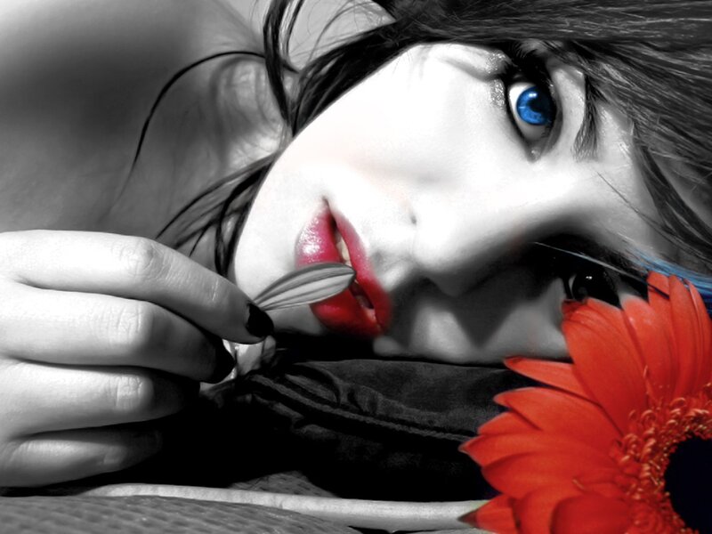 Woman with Blue Eyes — Red, Dramatic, Photograph