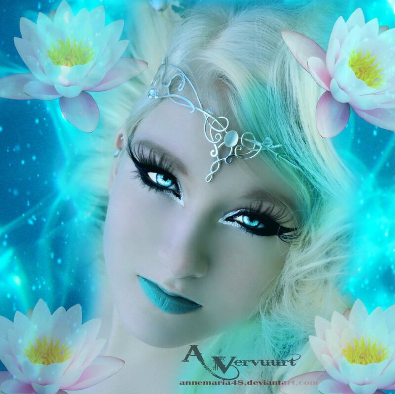 Woman with Blue Eyes — Serene, Digital Art, Lotus Flowers