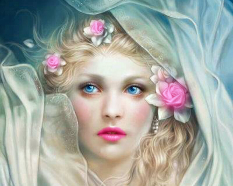 Woman with Blue Eyes — Serene, Digital Art, Pink Roses