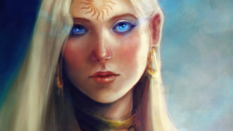 Woman with Blue Eyes — Serene, Digital Art, Sun Symbol
