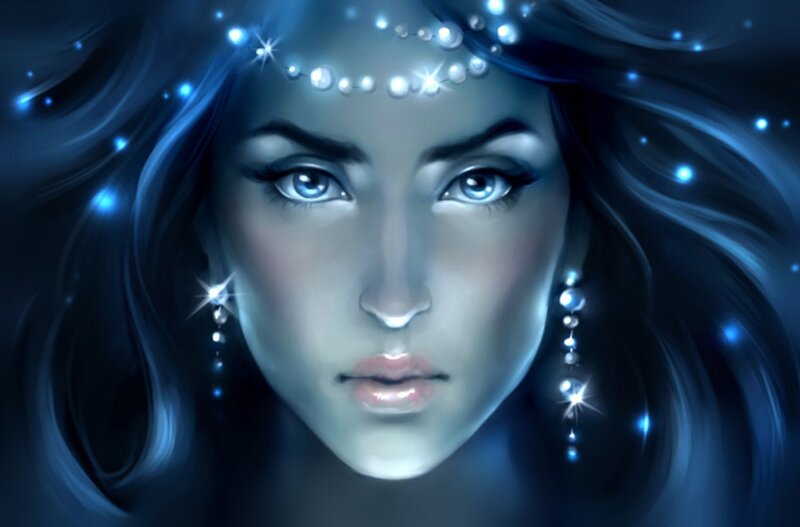 Woman with Blue Eyes — Serene, Night, Digital Art, Jewelry