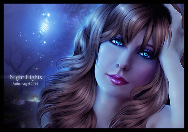 Woman with Blue Eyes — Serene, Night, Digital Art, Stars