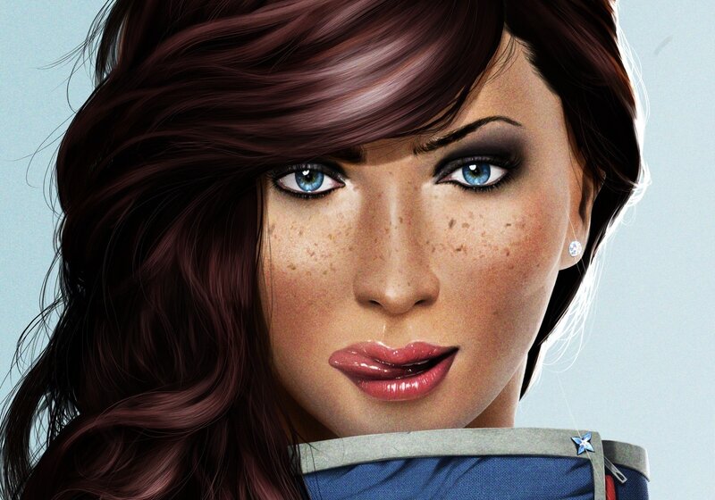 Woman with Blue Eyes — Serious, Digital Art, Freckles