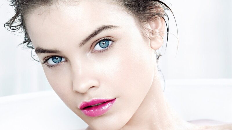 Woman with Blue Eyes — White, Calm, Photograph, Pink Lipstick