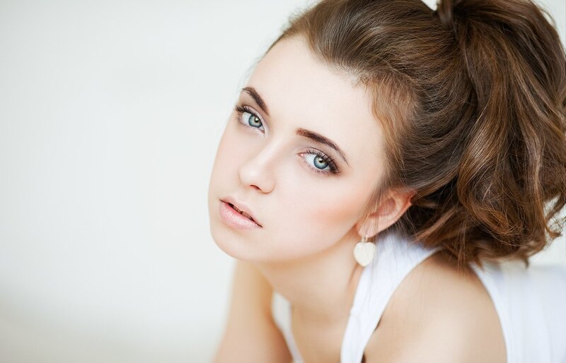 Woman with Blue Eyes — White, Calm, Photograph, White Top