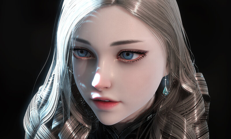Woman with Blue Eyes — White, Dramatic, 3d Render, Earring