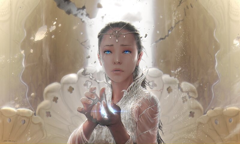 Woman with Blue Eyes — White, Dramatic, Digital Art, Crown