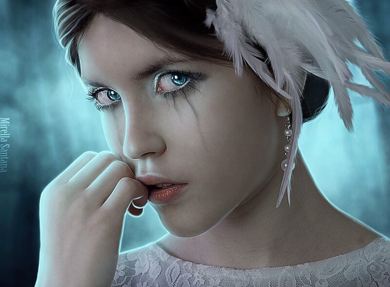 Woman with Blue Eyes — White, Dramatic, Digital Art, Feather